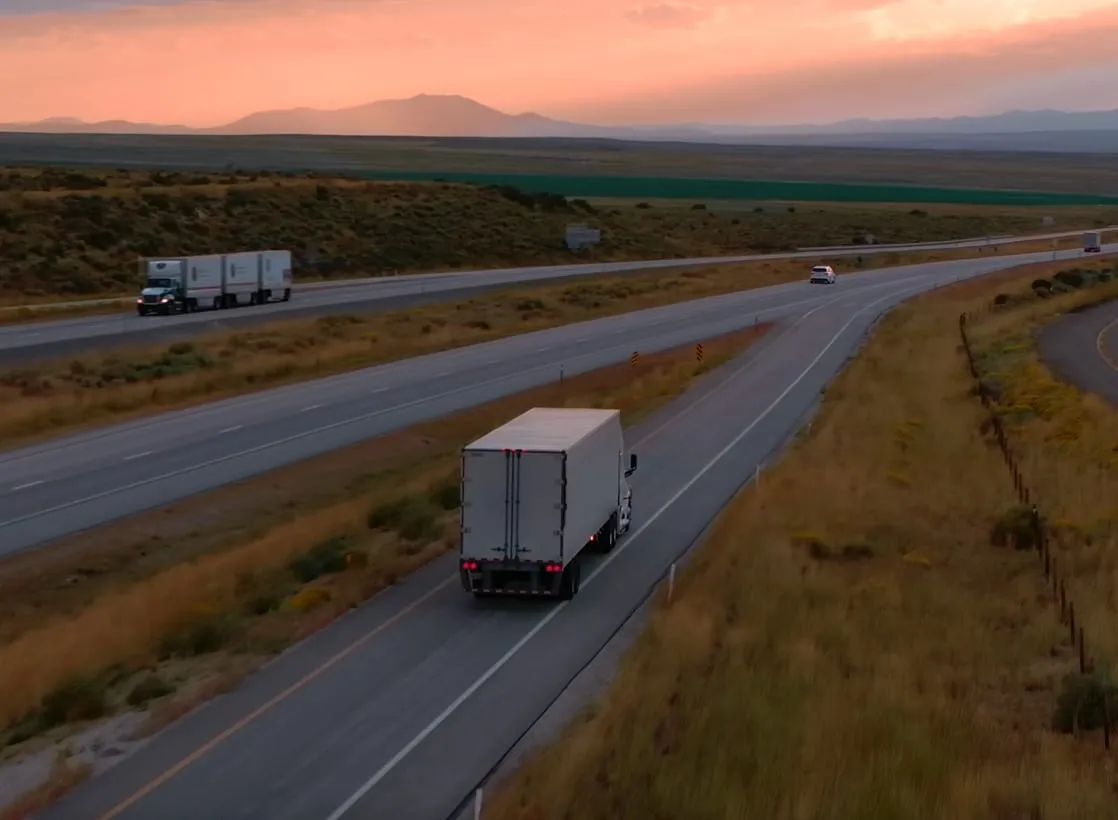 Aerial view of a semi truck driving at dusk