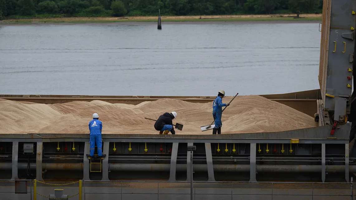 workers loading grain onto barge